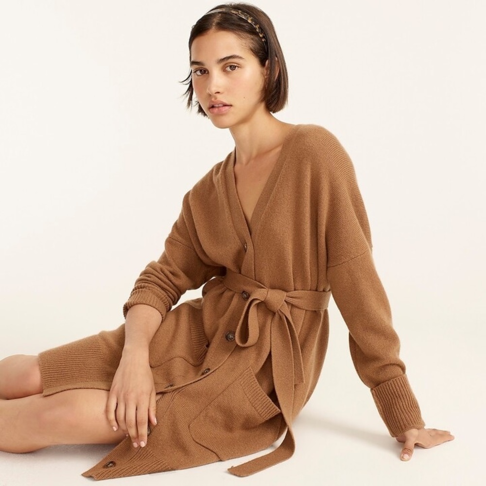 NWT J.Crew Tie-waist Cardigan Dress in Wool-Cashmere in Hillside Brown